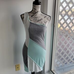 Blue Blush Colorblock One-Shoulder Bodycon Dress in Mint, Gray & White Nwot Med